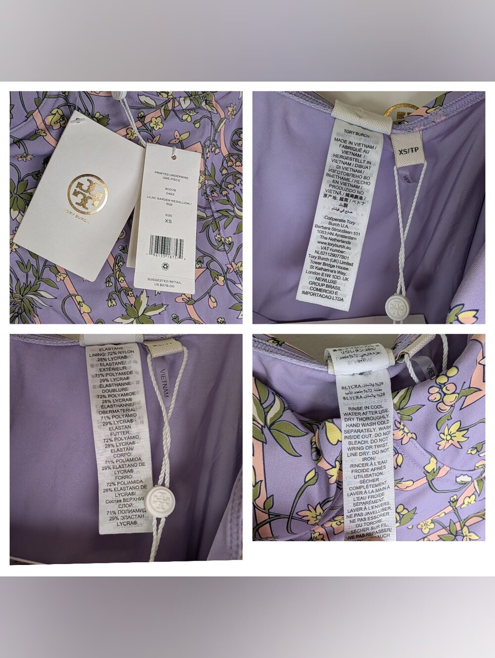 NWT Tory Burch Lilac Garden Medallion Underwire One Piece Swimsuit Size XS New - Picture 12 of 16